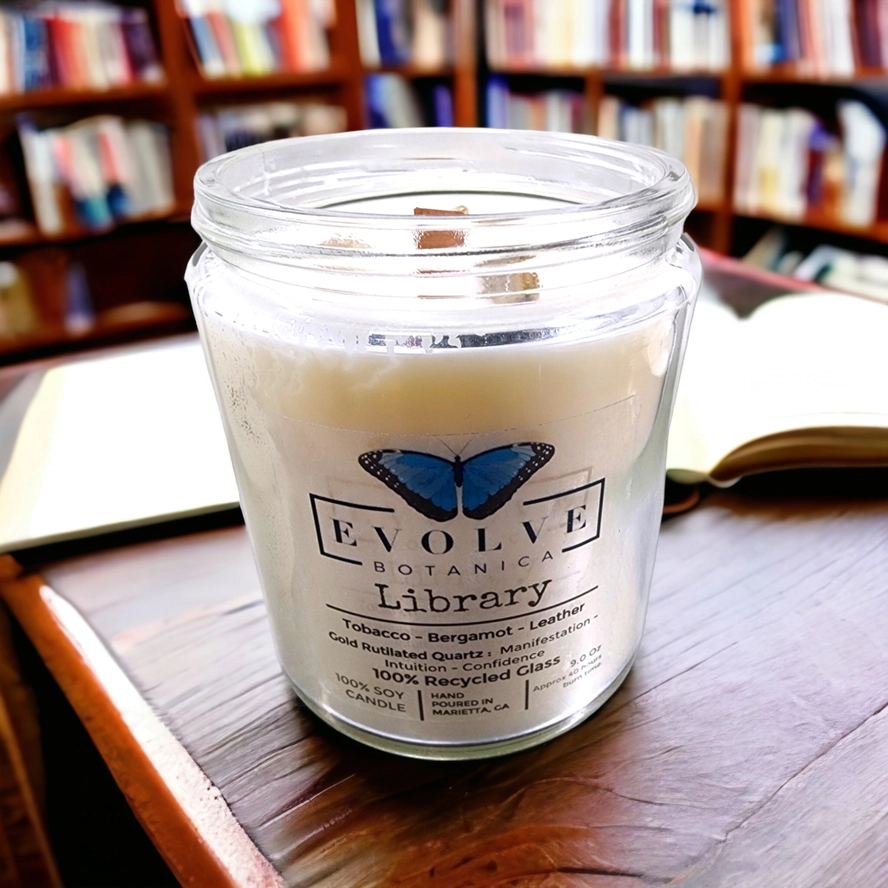 Classic 9oz Jam Jar Crystal Soy Candle - Library (Rutilated Quartz) from Evolve Botanica