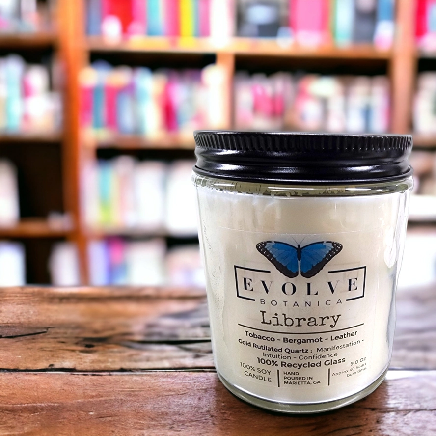 Classic 9oz Jam Jar Crystal Soy Candle - Library (Rutilated Quartz) from Evolve Botanica