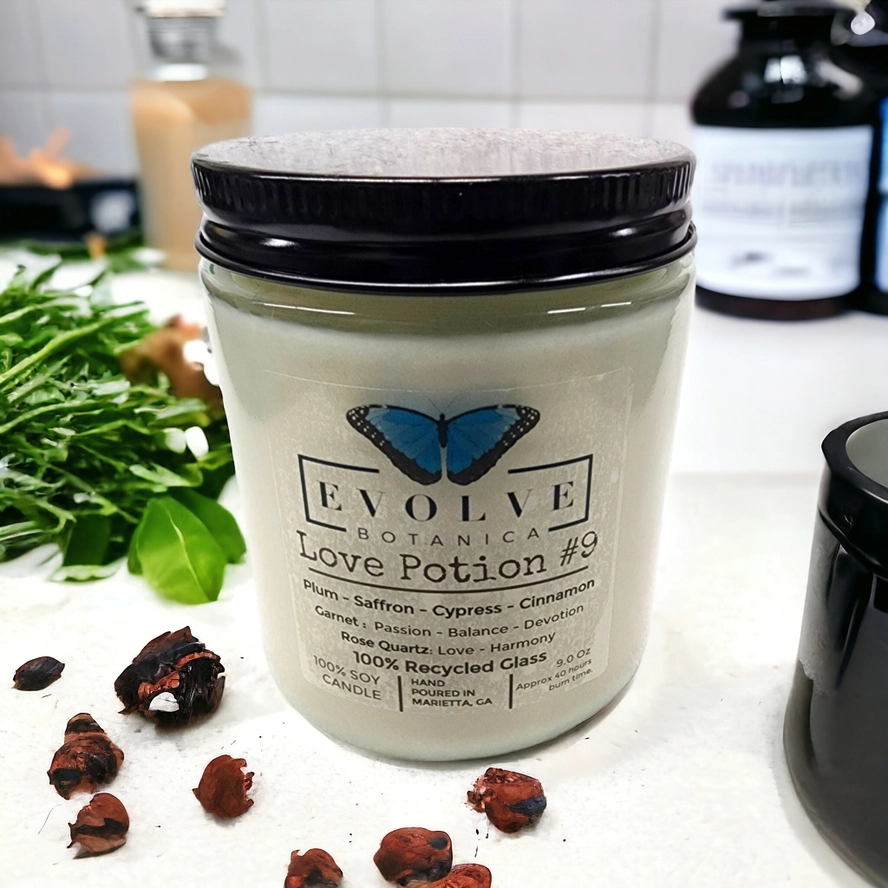 Classic 9oz Jam Jar Crystal Soy Candle - Love Potion #9 (Rose Quartz & Garnet) from Evolve Botanica