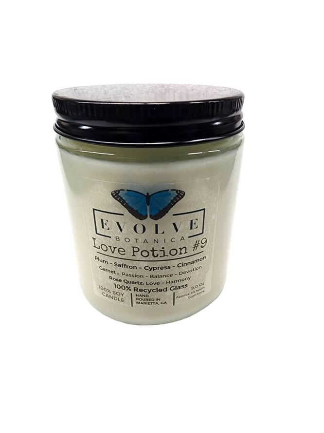 Classic 9oz Jam Jar Crystal Soy Candle - Love Potion #9 (Rose Quartz & Garnet) from Evolve Botanica