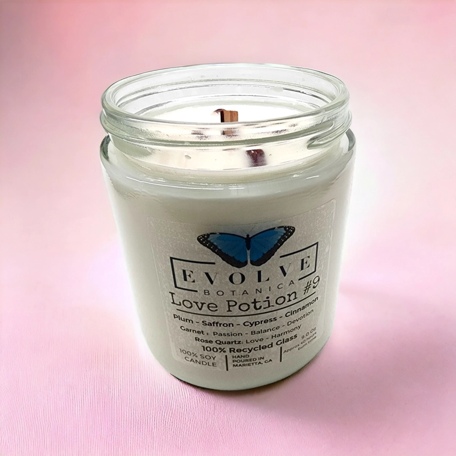 Classic 9oz Jam Jar Crystal Soy Candle - Love Potion #9 (Rose Quartz & Garnet) from Evolve Botanica