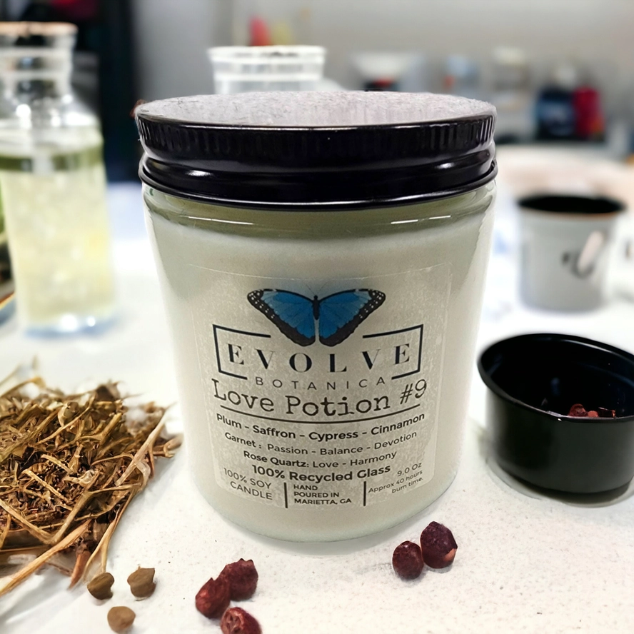 Classic 9oz Jam Jar Crystal Soy Candle - Love Potion #9 (Rose Quartz & Garnet) from Evolve Botanica