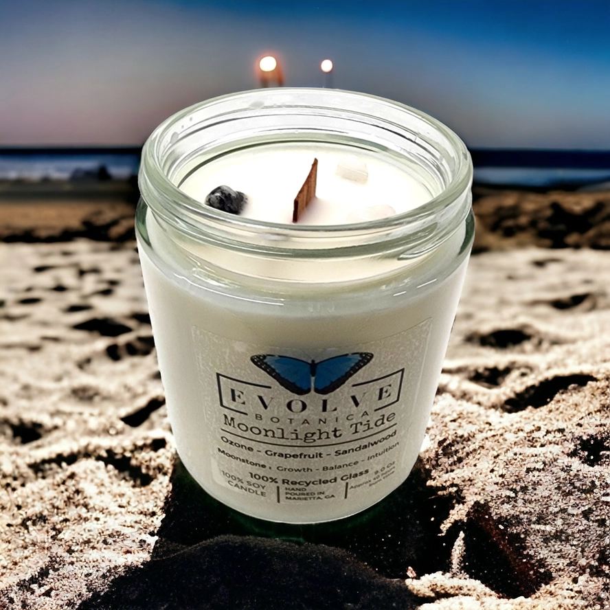 Classic 9oz Jam Jar Crystal Soy Candle - Moonlight Tide (Moonstone) from Evolve Botanica
