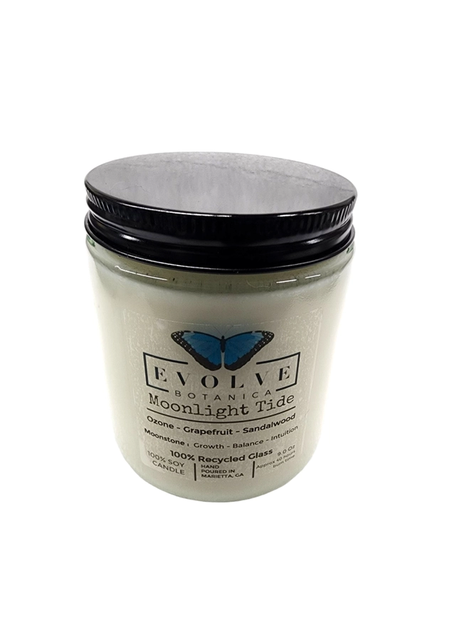 Classic 9oz Jam Jar Crystal Soy Candle - Moonlight Tide (Moonstone) from Evolve Botanica
