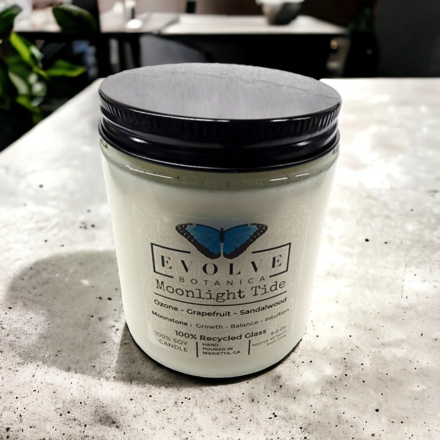 Classic 9oz Jam Jar Crystal Soy Candle - Moonlight Tide (Moonstone) from Evolve Botanica