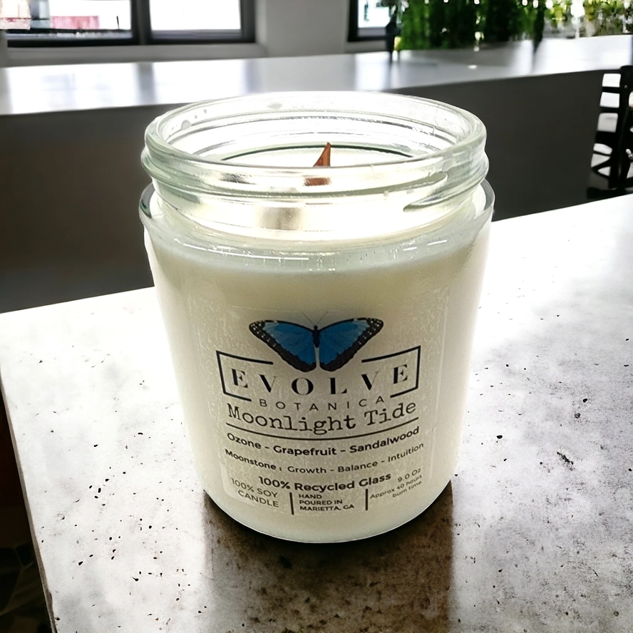 Classic 9oz Jam Jar Crystal Soy Candle - Moonlight Tide (Moonstone) from Evolve Botanica