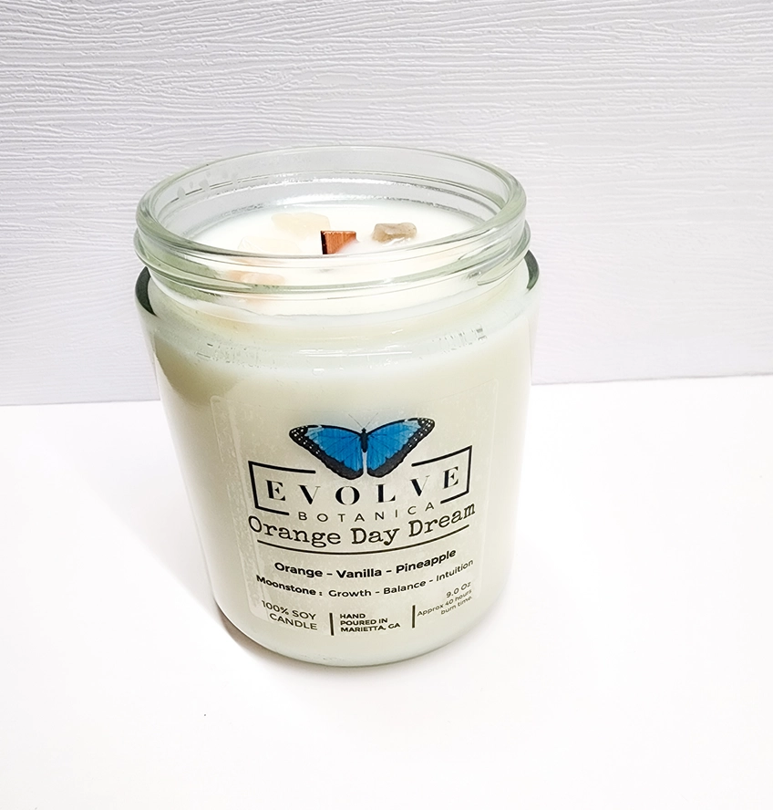 Classic 9oz Jam Jar Crystal Soy Candle - Orange Day Dream (Moonstone) from Evolve Botanica