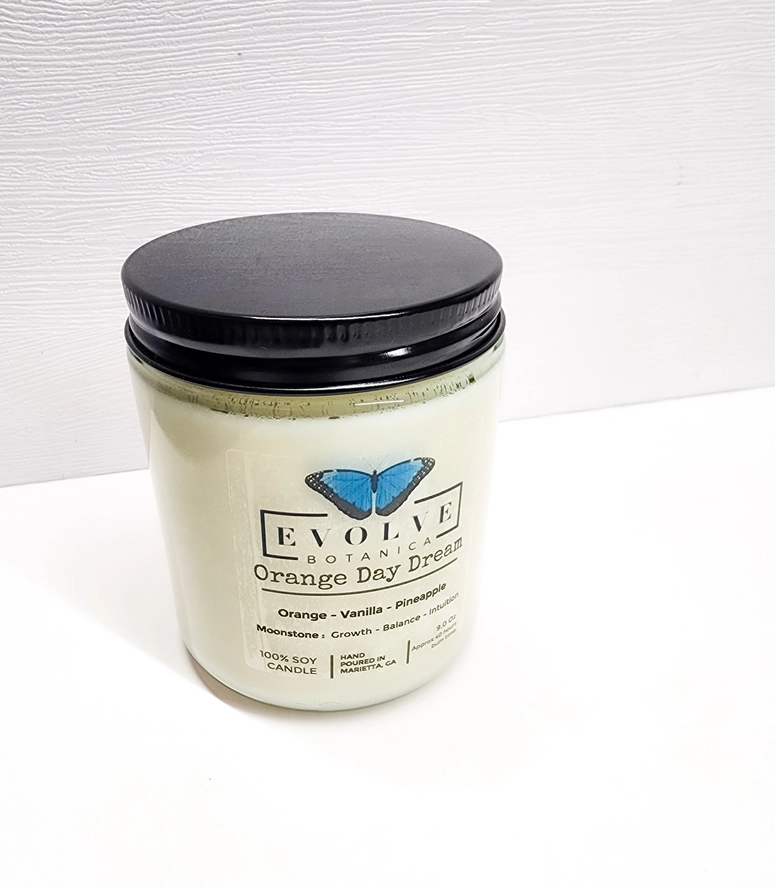 Classic 9oz Jam Jar Crystal Soy Candle - Orange Day Dream (Moonstone) from Evolve Botanica