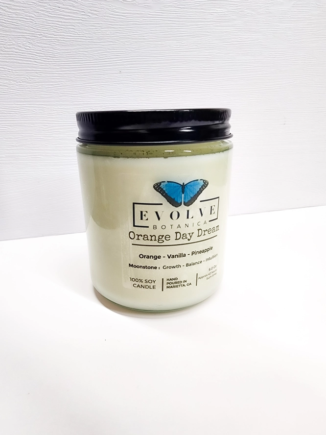 Classic 9oz Jam Jar Crystal Soy Candle - Orange Day Dream (Moonstone) from Evolve Botanica