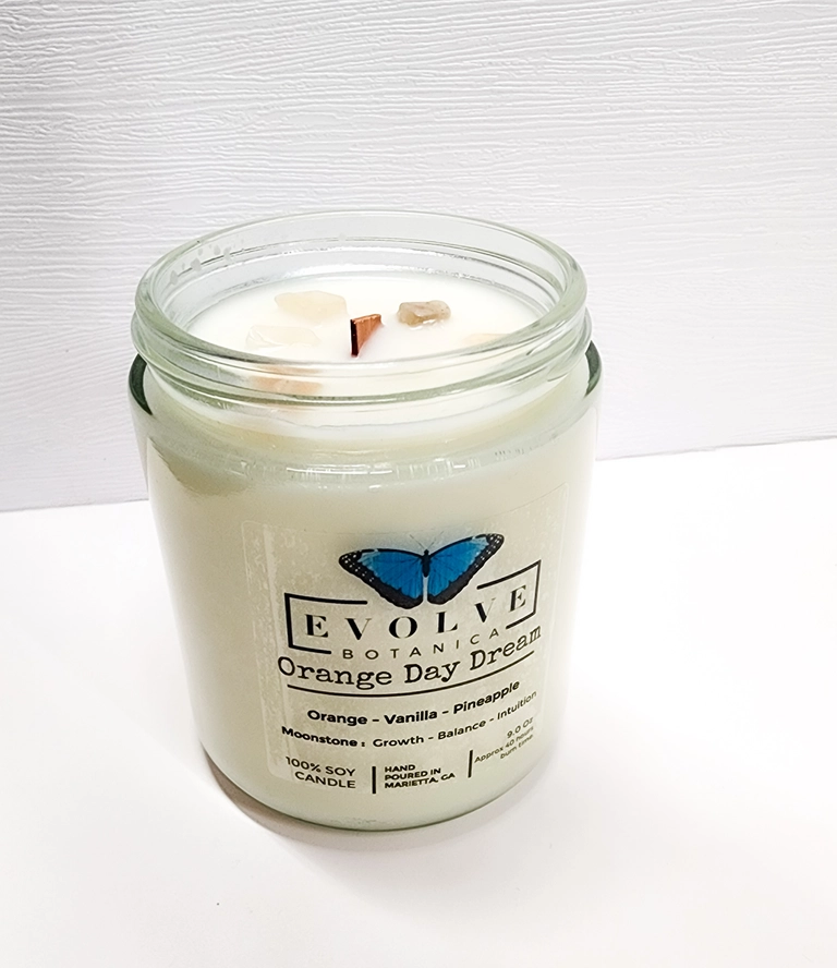 Classic 9oz Jam Jar Crystal Soy Candle - Orange Day Dream (Moonstone) from Evolve Botanica