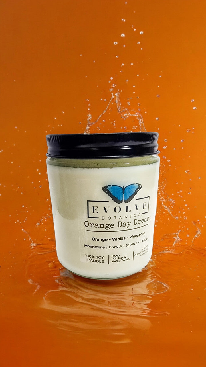 Classic 9oz Jam Jar Crystal Soy Candle - Orange Day Dream (Moonstone) from Evolve Botanica
