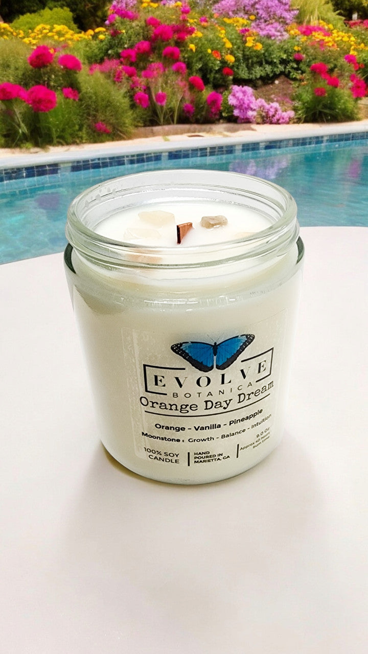 Classic 9oz Jam Jar Crystal Soy Candle - Orange Day Dream (Moonstone) from Evolve Botanica