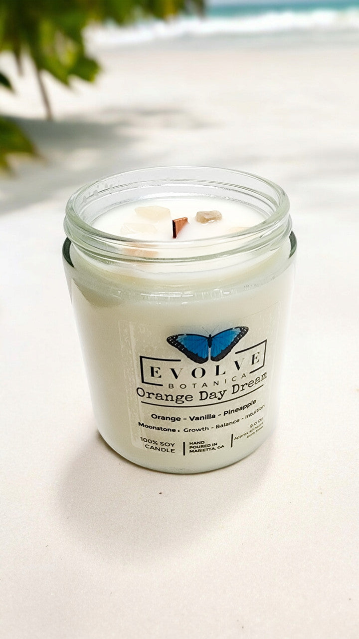 Classic 9oz Jam Jar Crystal Soy Candle - Orange Day Dream (Moonstone) from Evolve Botanica