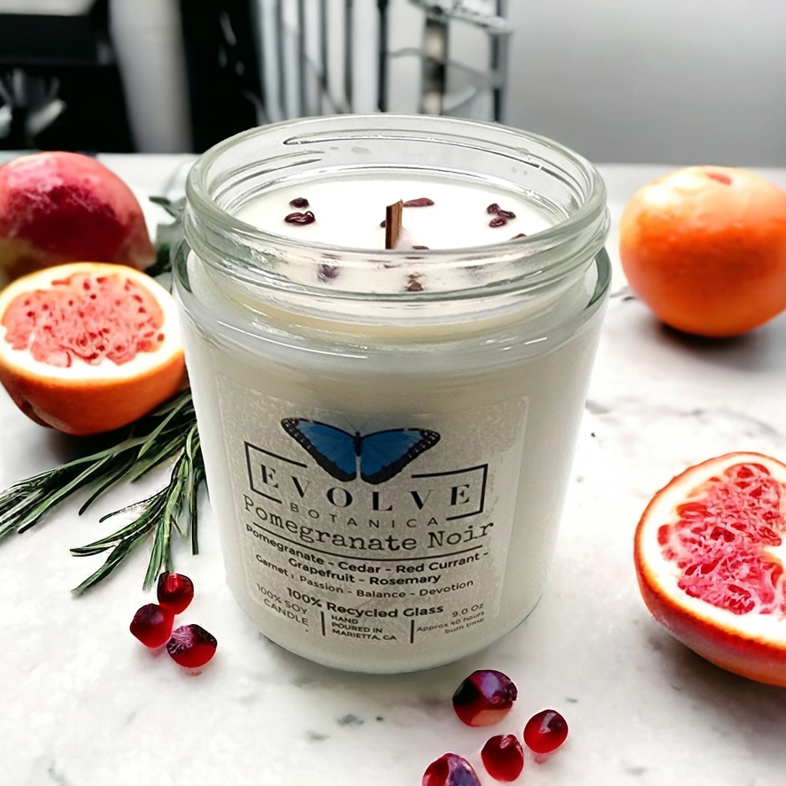 Classic 9oz Jam Jar Crystal Soy Candle - Pomegranate Noir (Garnet) from Evolve Botanica