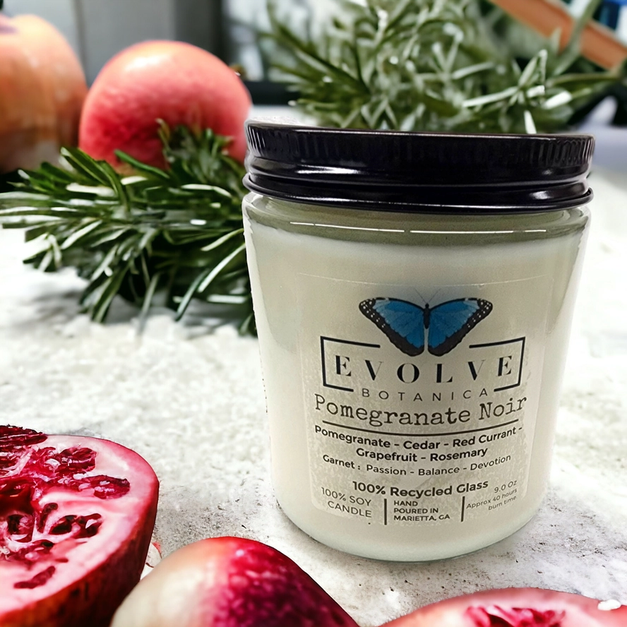 Classic 9oz Jam Jar Crystal Soy Candle - Pomegranate Noir (Garnet) from Evolve Botanica