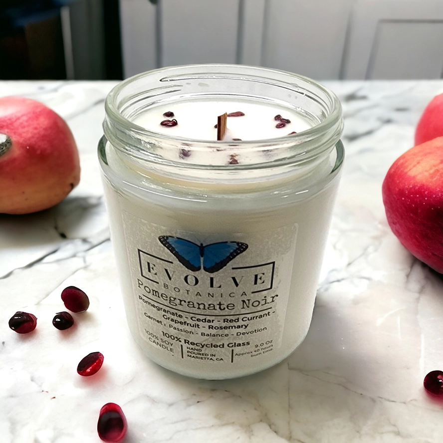 Classic 9oz Jam Jar Crystal Soy Candle - Pomegranate Noir (Garnet) from Evolve Botanica
