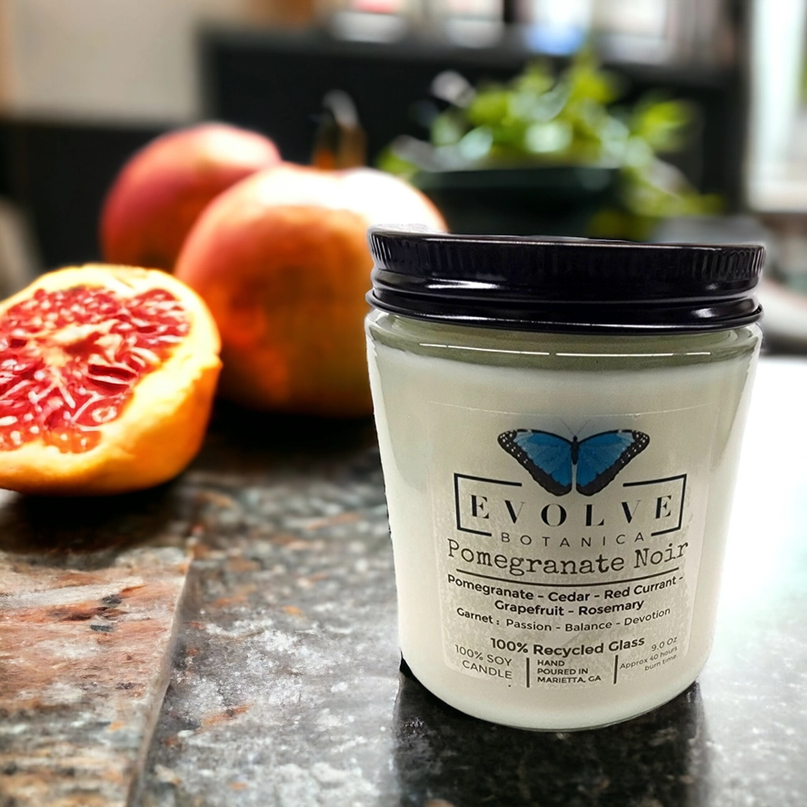 Classic 9oz Jam Jar Crystal Soy Candle - Pomegranate Noir (Garnet) from Evolve Botanica