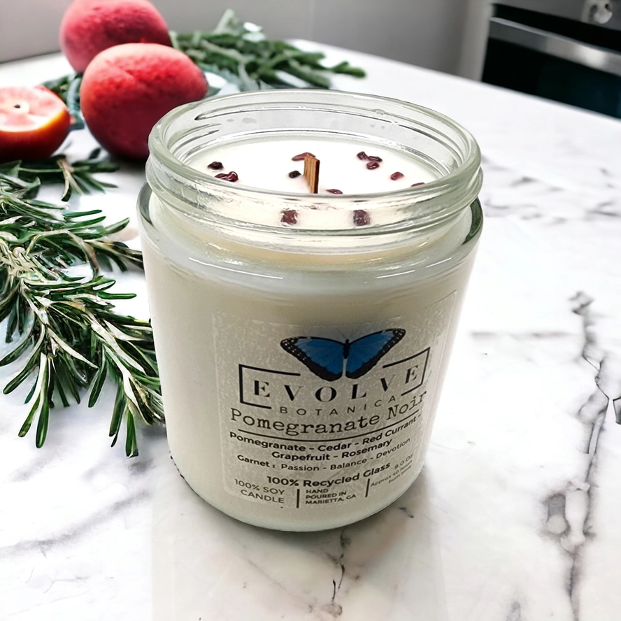 Classic 9oz Jam Jar Crystal Soy Candle - Pomegranate Noir (Garnet) from Evolve Botanica