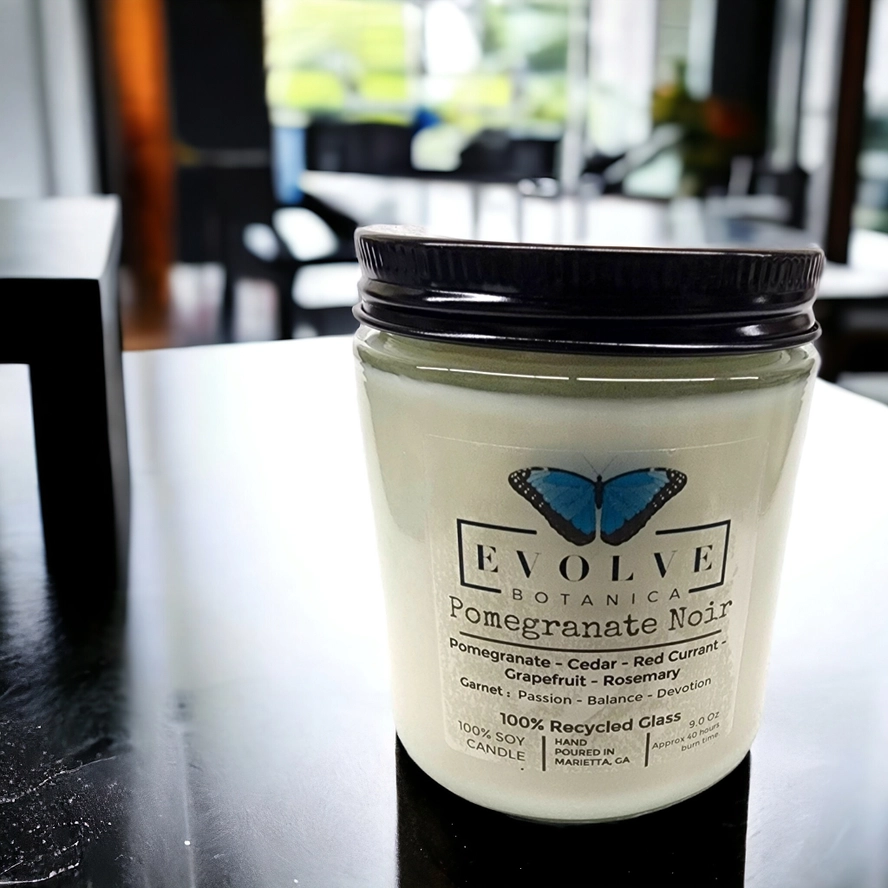 Classic 9oz Jam Jar Crystal Soy Candle - Pomegranate Noir (Garnet) from Evolve Botanica