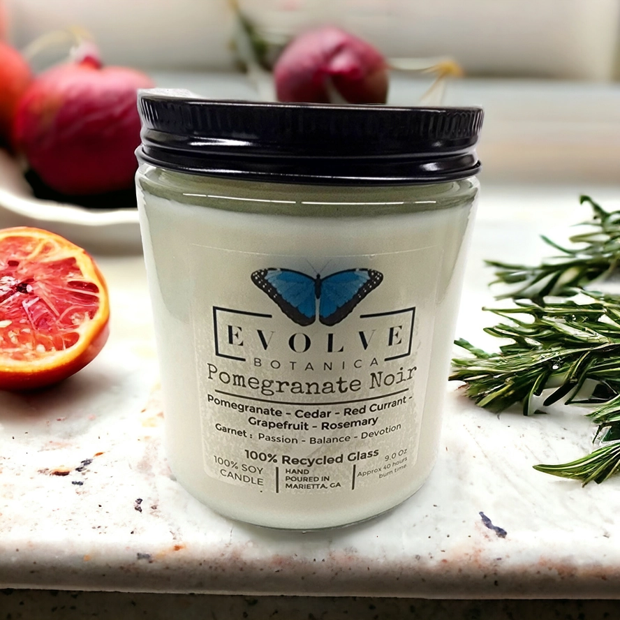 Classic 9oz Jam Jar Crystal Soy Candle - Pomegranate Noir (Garnet) from Evolve Botanica