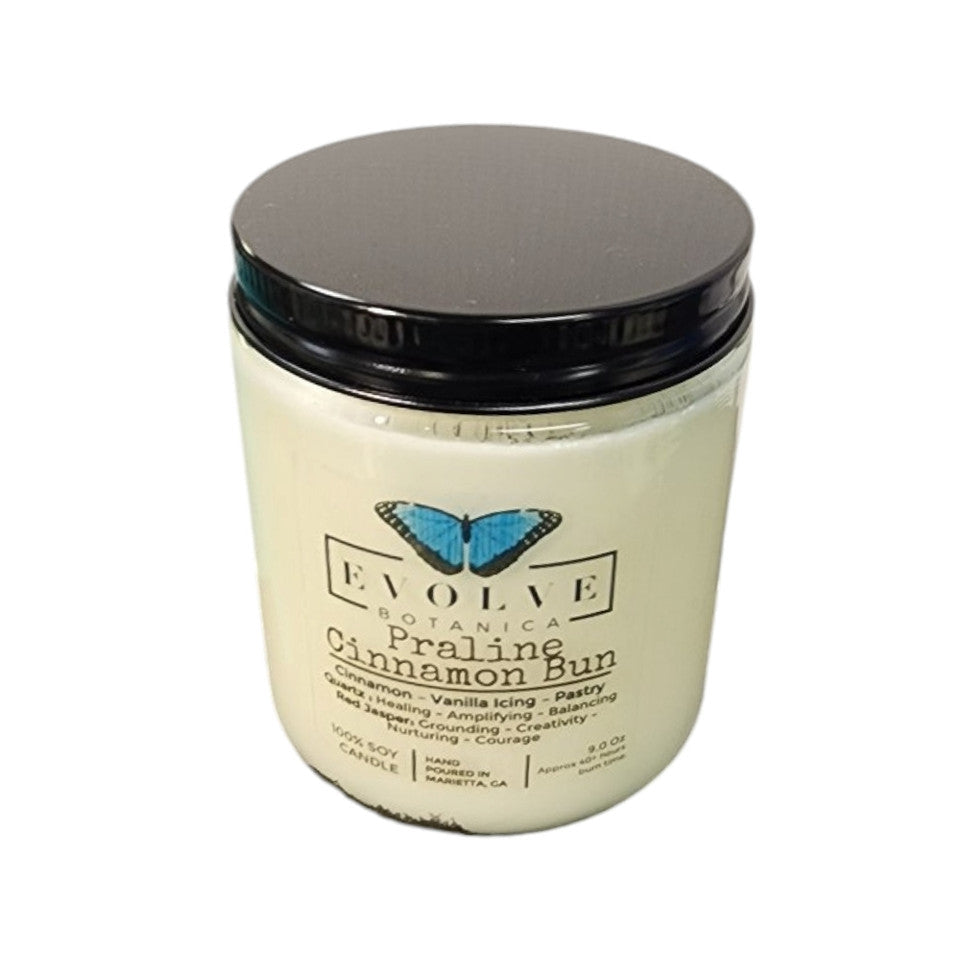 Classic 9oz Jam Jar Crystal Soy Candle - Praline Cinnamon Bun (Red Jasper & Clear Quartz) from Evolve Botanica