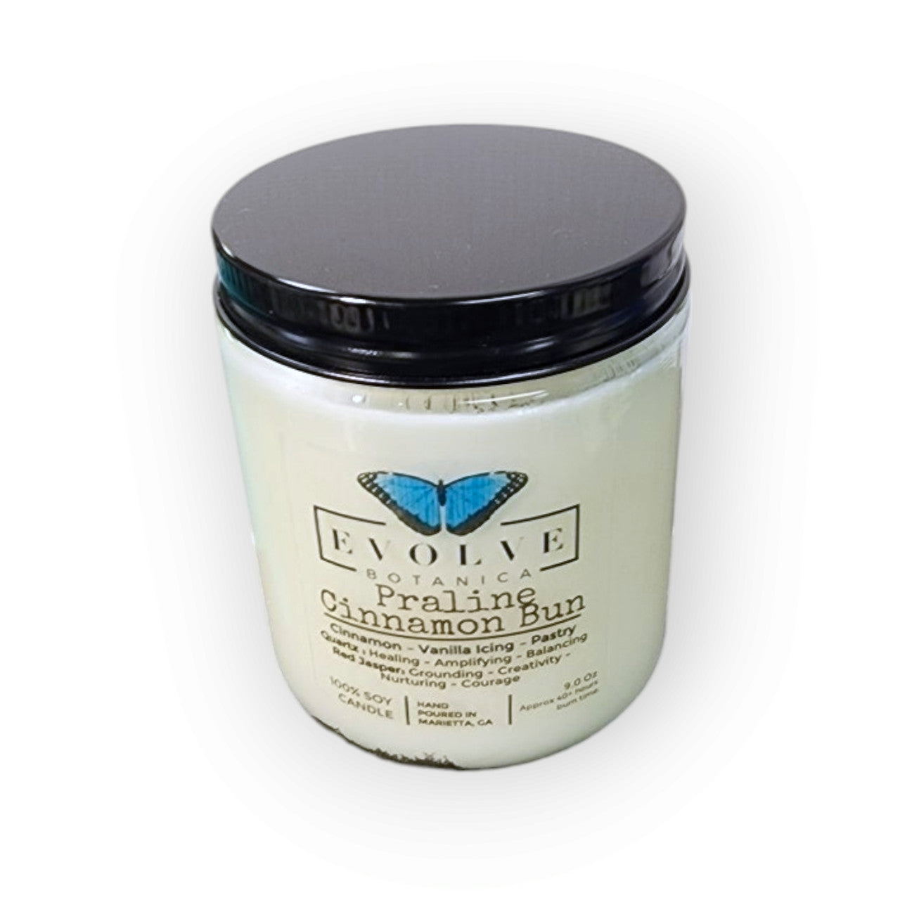 Classic 9oz Jam Jar Crystal Soy Candle - Praline Cinnamon Bun (Red Jasper & Clear Quartz) from Evolve Botanica