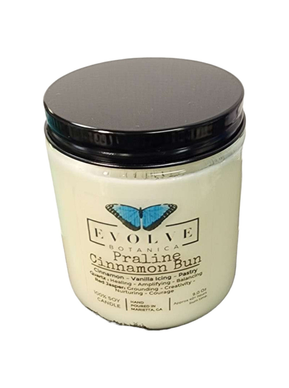 Classic 9oz Jam Jar Crystal Soy Candle - Praline Cinnamon Bun (Red Jasper & Clear Quartz) from Evolve Botanica