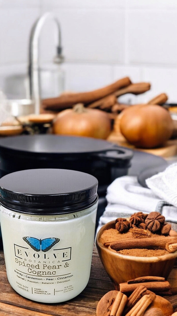 Classic 9oz Jam Jar Crystal Soy Candle - Spiced Pear & Cognac (Garnet) from Evolve Botanica