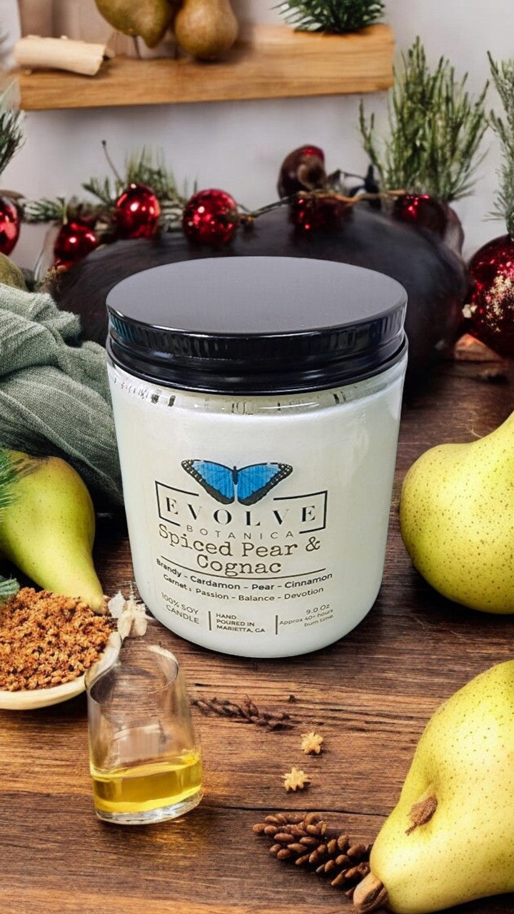 Classic 9oz Jam Jar Crystal Soy Candle - Spiced Pear & Cognac (Garnet) from Evolve Botanica
