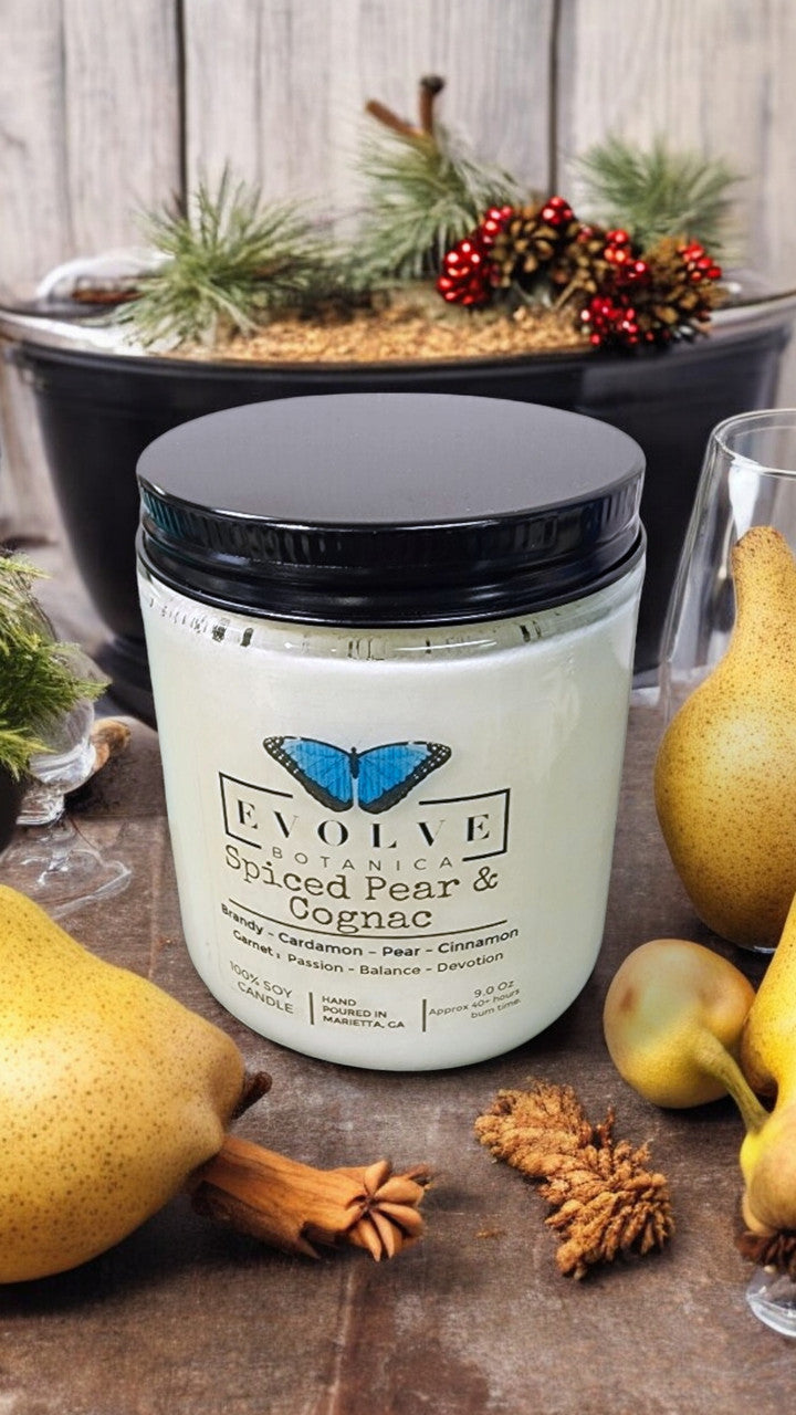 Classic 9oz Jam Jar Crystal Soy Candle - Spiced Pear & Cognac (Garnet) from Evolve Botanica
