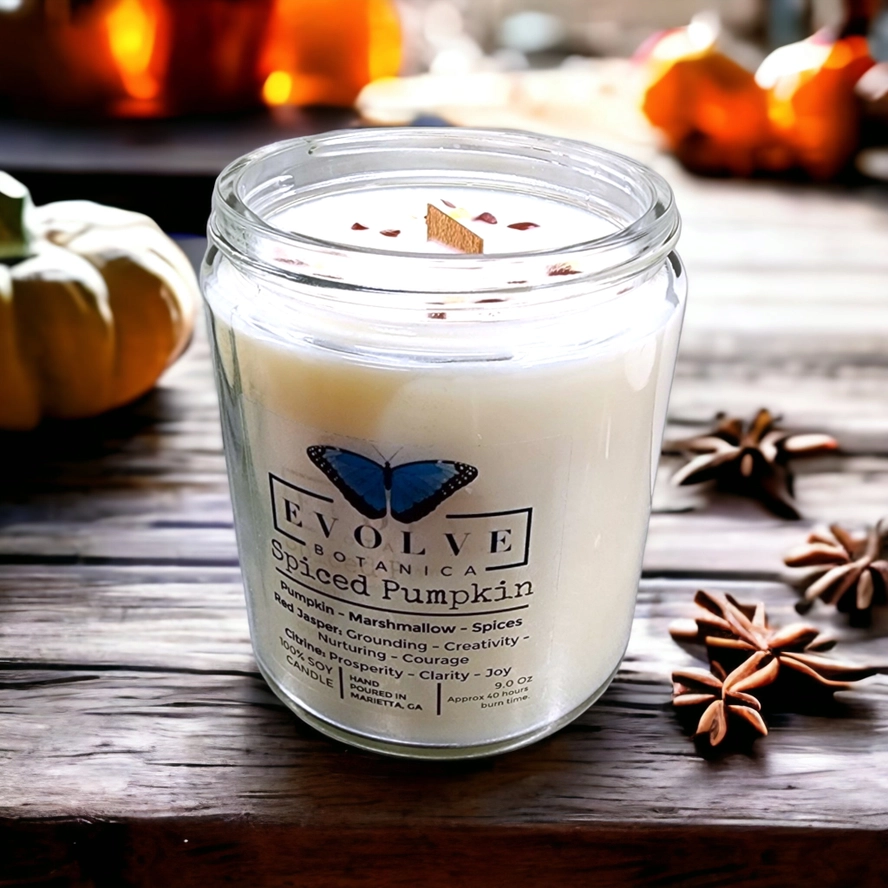 Classic 9oz Jam Jar Crystal Soy Candle - Spiced Pumpkin (Jasper & Citrine) from Evolve Botanica
