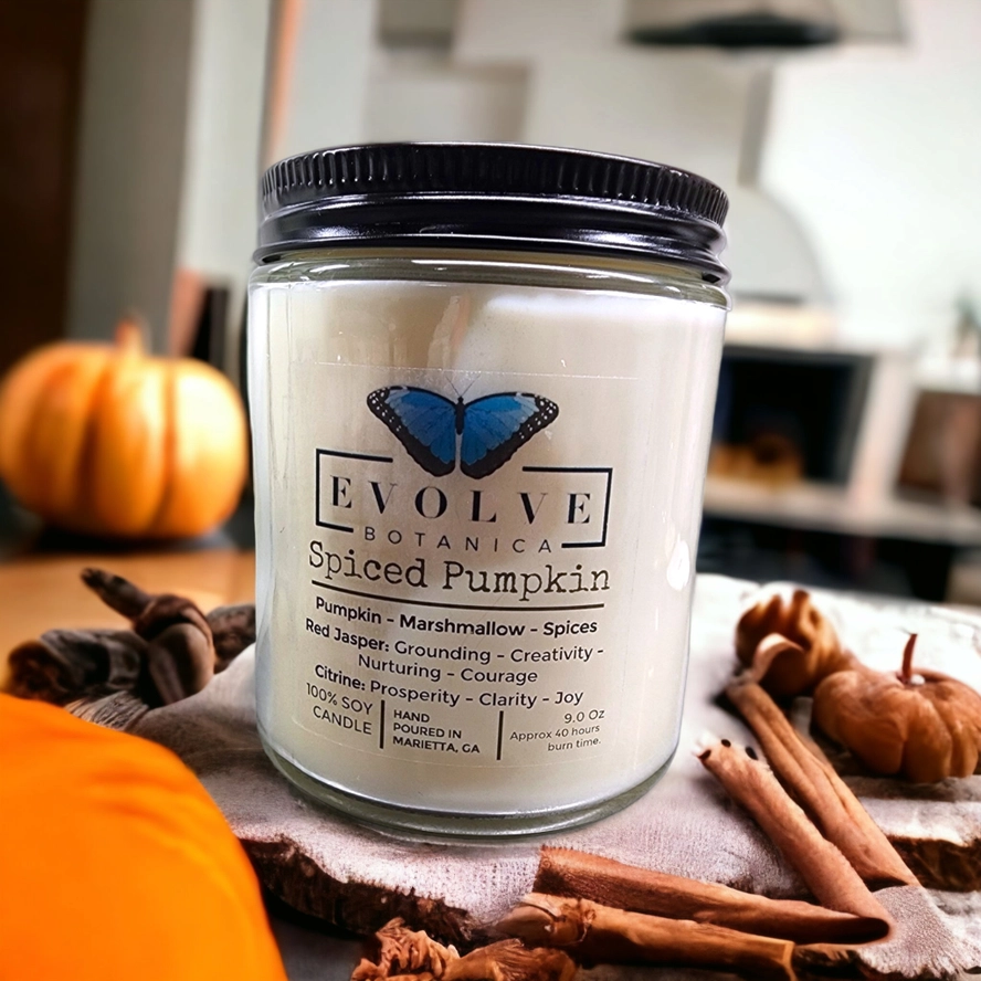 Classic 9oz Jam Jar Crystal Soy Candle - Spiced Pumpkin (Jasper & Citrine) from Evolve Botanica