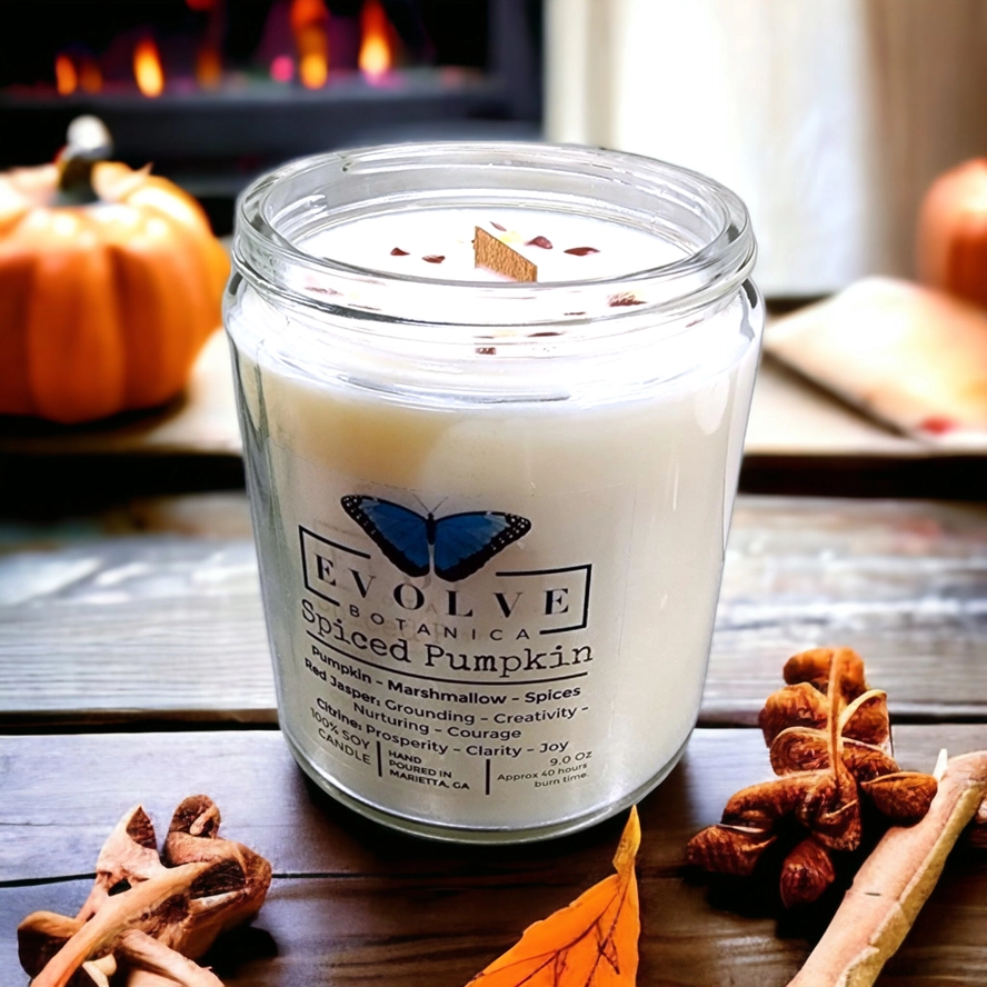 Classic 9oz Jam Jar Crystal Soy Candle - Spiced Pumpkin (Jasper & Citrine) from Evolve Botanica