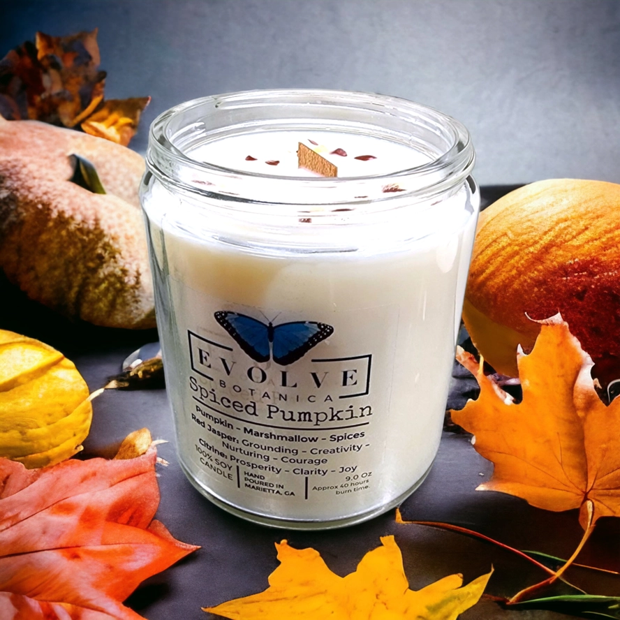 Classic 9oz Jam Jar Crystal Soy Candle - Spiced Pumpkin (Jasper & Citrine) from Evolve Botanica