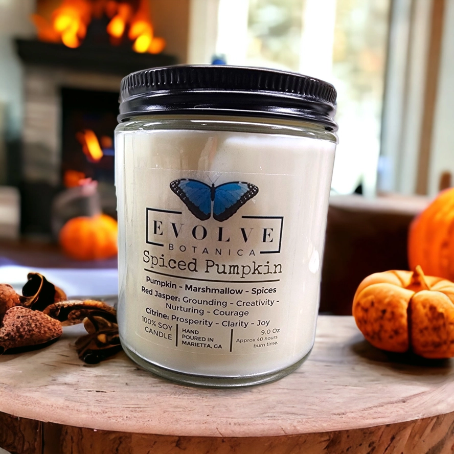 Classic 9oz Jam Jar Crystal Soy Candle - Spiced Pumpkin (Jasper & Citrine) from Evolve Botanica