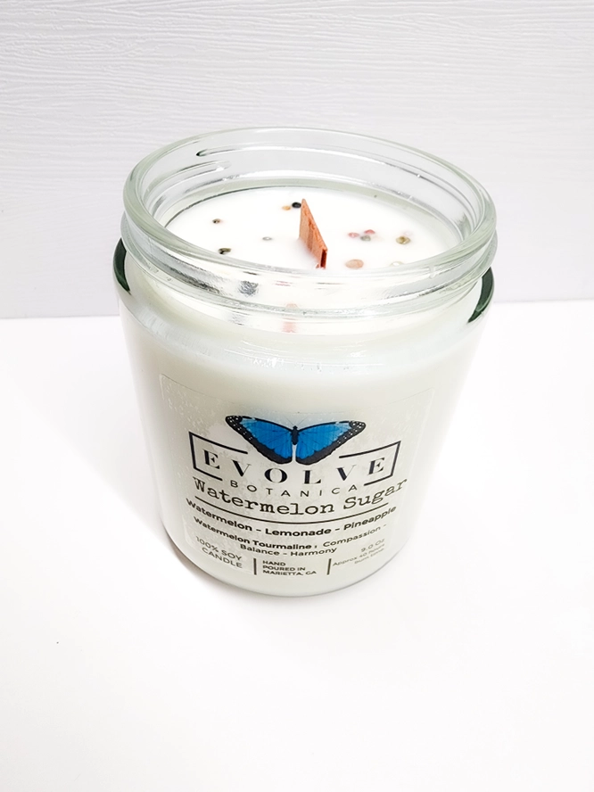 Classic 9oz Jam Jar Crystal Soy Candle - Watermelon Sugar (Watermelon Tourmaline) from Evolve Botanica