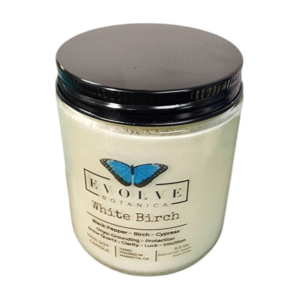 Classic 9oz Jam Jar Crystal Soy Candle - White Birch (Snow Quartz & Onyx) from Evolve Botanica