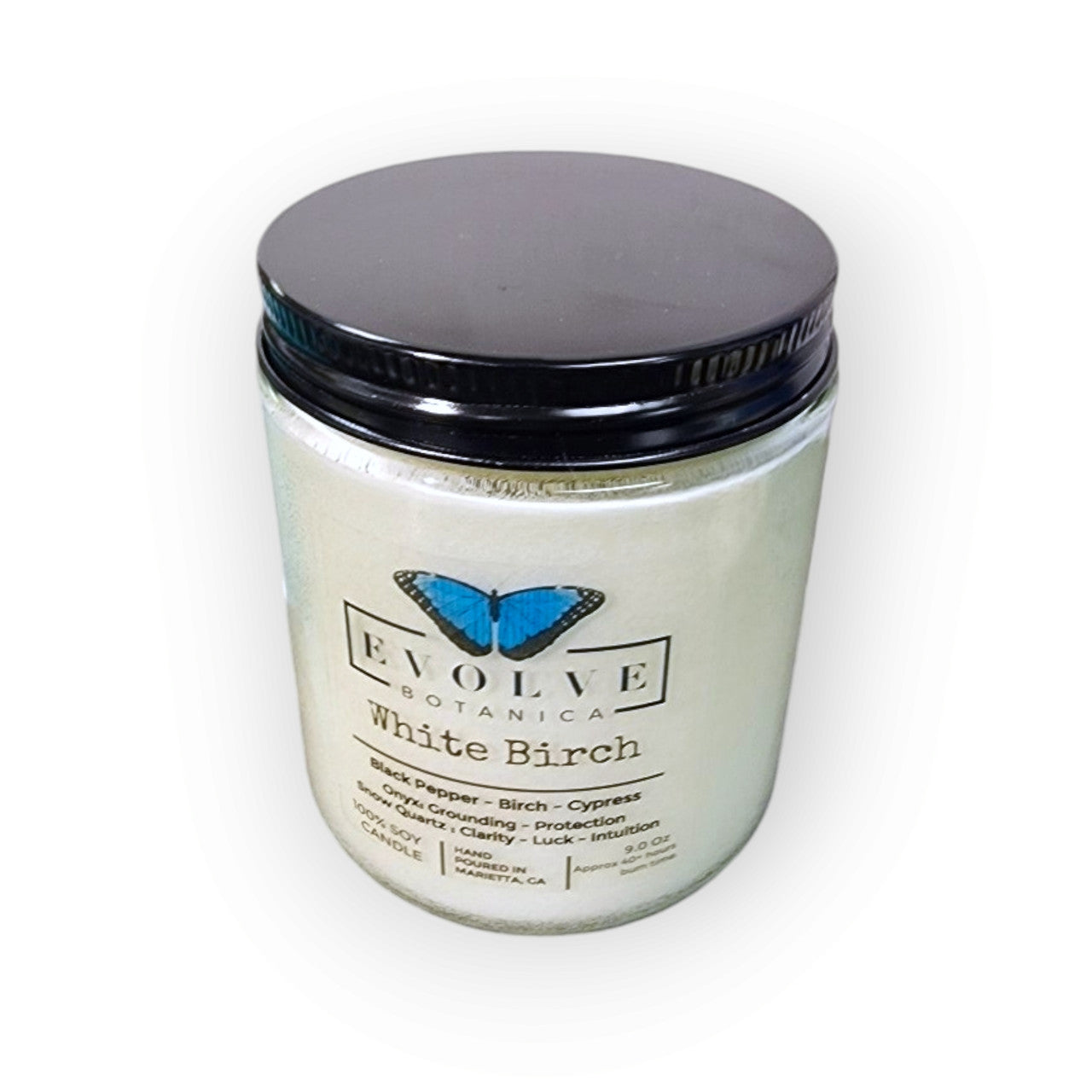 Classic 9oz Jam Jar Crystal Soy Candle - White Birch (Snow Quartz & Onyx) from Evolve Botanica