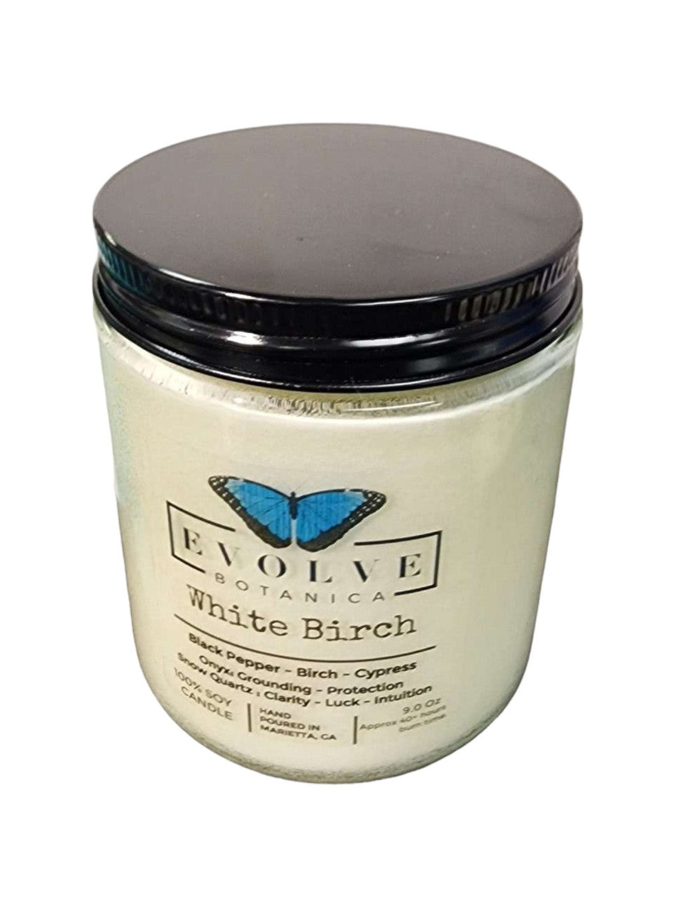 Classic 9oz Jam Jar Crystal Soy Candle - White Birch (Snow Quartz & Onyx) from Evolve Botanica