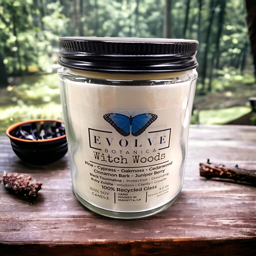 Classic 9oz Jam Jar Crystal Soy Candle - Witch Woods (Tourmaline & Zoisite) from Evolve Botanica