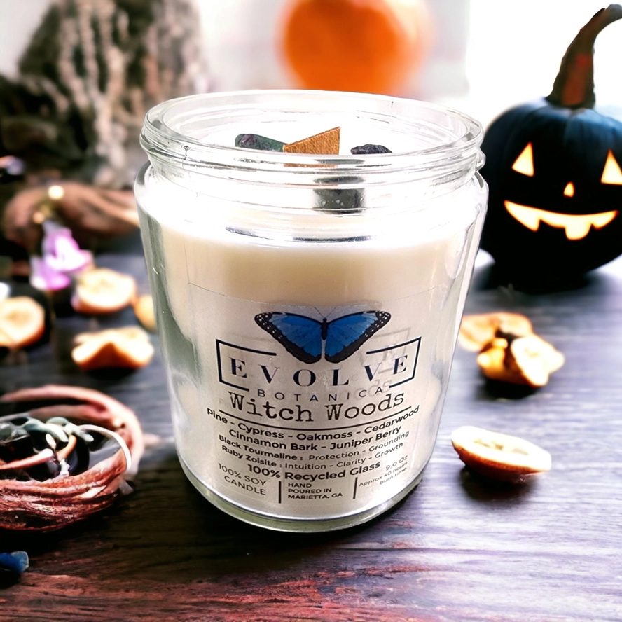 Classic 9oz Jam Jar Crystal Soy Candle - Witch Woods (Tourmaline & Zoisite) from Evolve Botanica