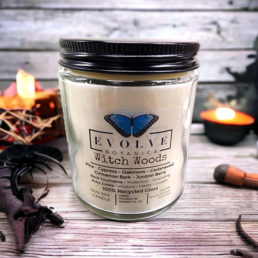 Classic 9oz Jam Jar Crystal Soy Candle - Witch Woods (Tourmaline & Zoisite) from Evolve Botanica