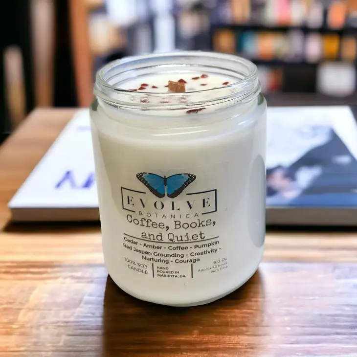 Classic 9oz Jam Jar Crystal Soy Candle - Coffee, Books, & Quiet (Jasper) from Evolve Botanica