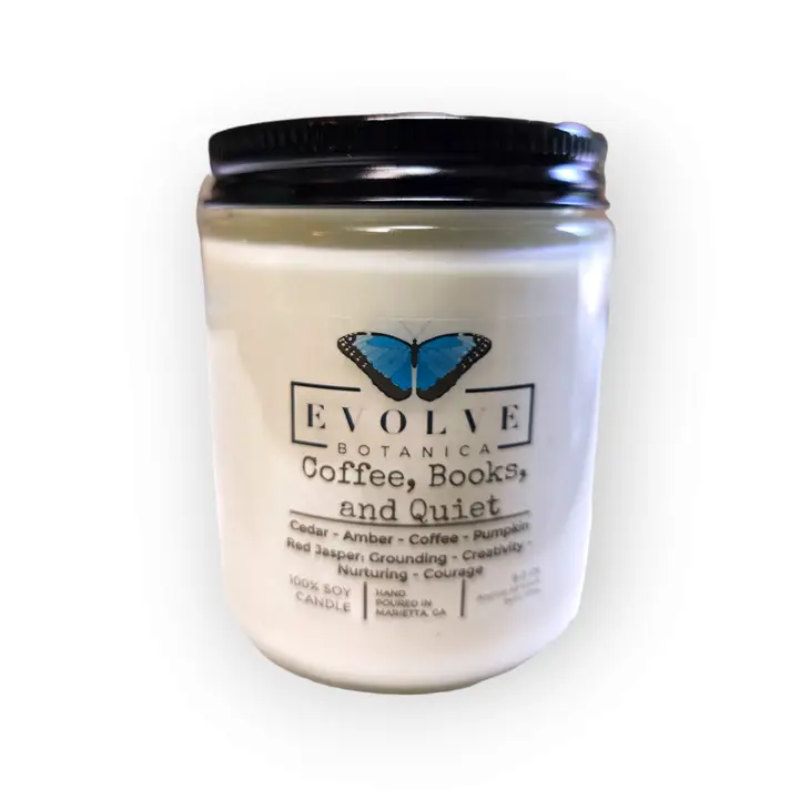 Classic 9oz Jam Jar Crystal Soy Candle - Coffee, Books, & Quiet (Jasper) from Evolve Botanica