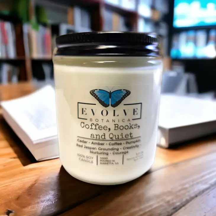 Classic 9oz Jam Jar Crystal Soy Candle - Coffee, Books, & Quiet (Jasper) from Evolve Botanica