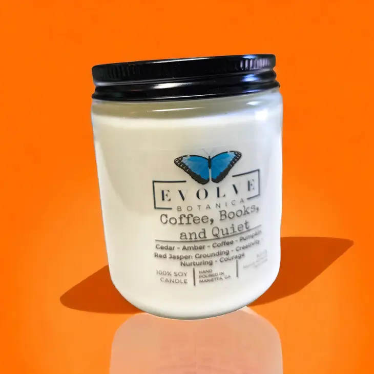 Classic 9oz Jam Jar Crystal Soy Candle - Coffee, Books, & Quiet (Jasper) from Evolve Botanica