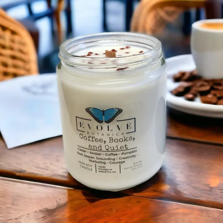 Classic 9oz Jam Jar Crystal Soy Candle - Coffee, Books, & Quiet (Jasper) from Evolve Botanica