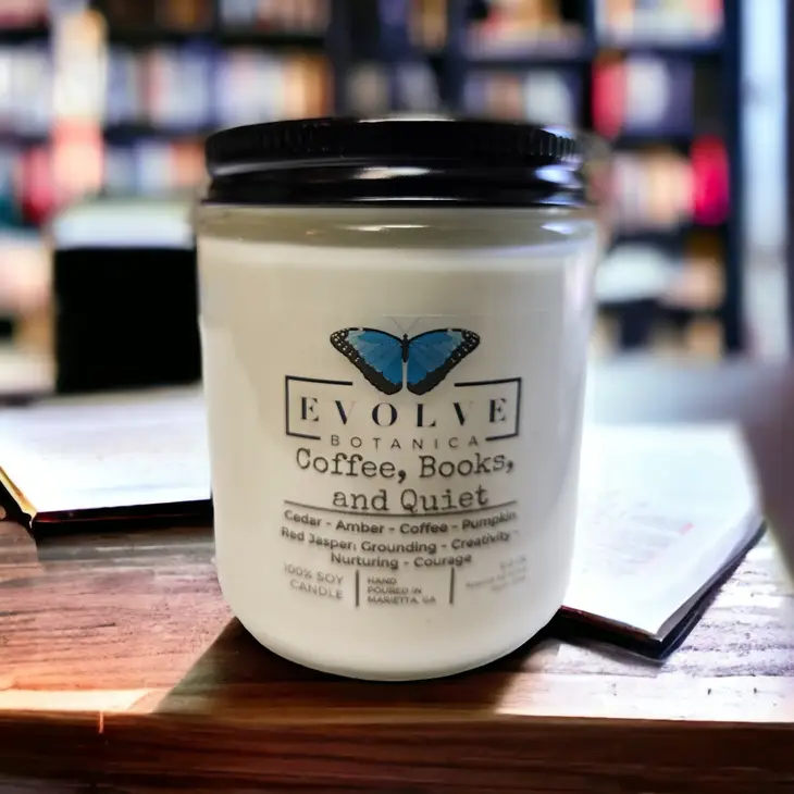 Classic 9oz Jam Jar Crystal Soy Candle - Coffee, Books, & Quiet (Jasper) from Evolve Botanica