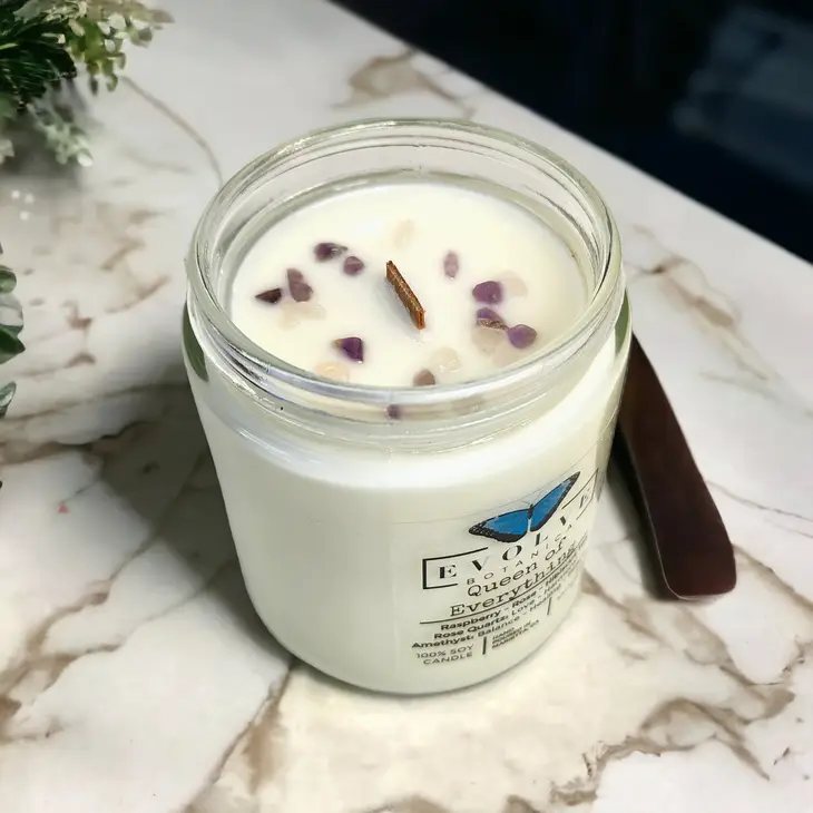 Classic 9oz Jam Jar Crystal Soy Candle - Queen of Everything (Mother's Day, Rose Quartz, Amethyst) from Evolve Botanica