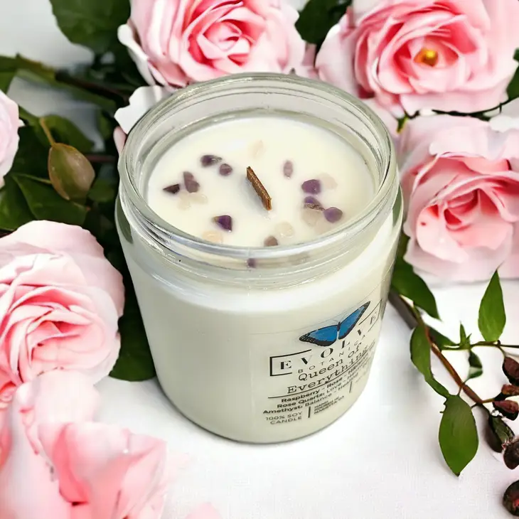 Classic 9oz Jam Jar Crystal Soy Candle - Queen of Everything (Mother's Day, Rose Quartz, Amethyst) from Evolve Botanica